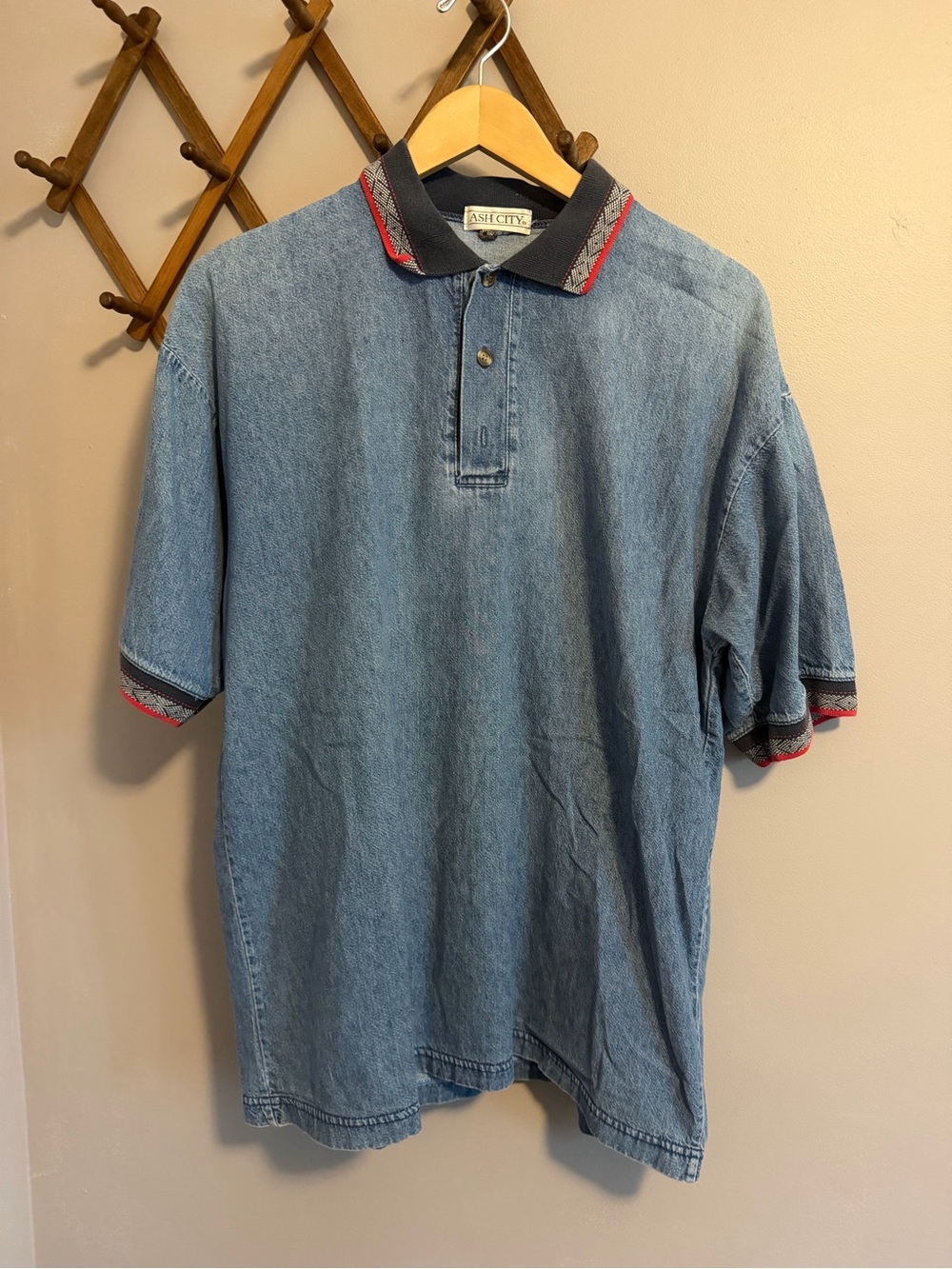 Ash City Vintage 90s Denim Polo Shirt Tribal Trim Blue L